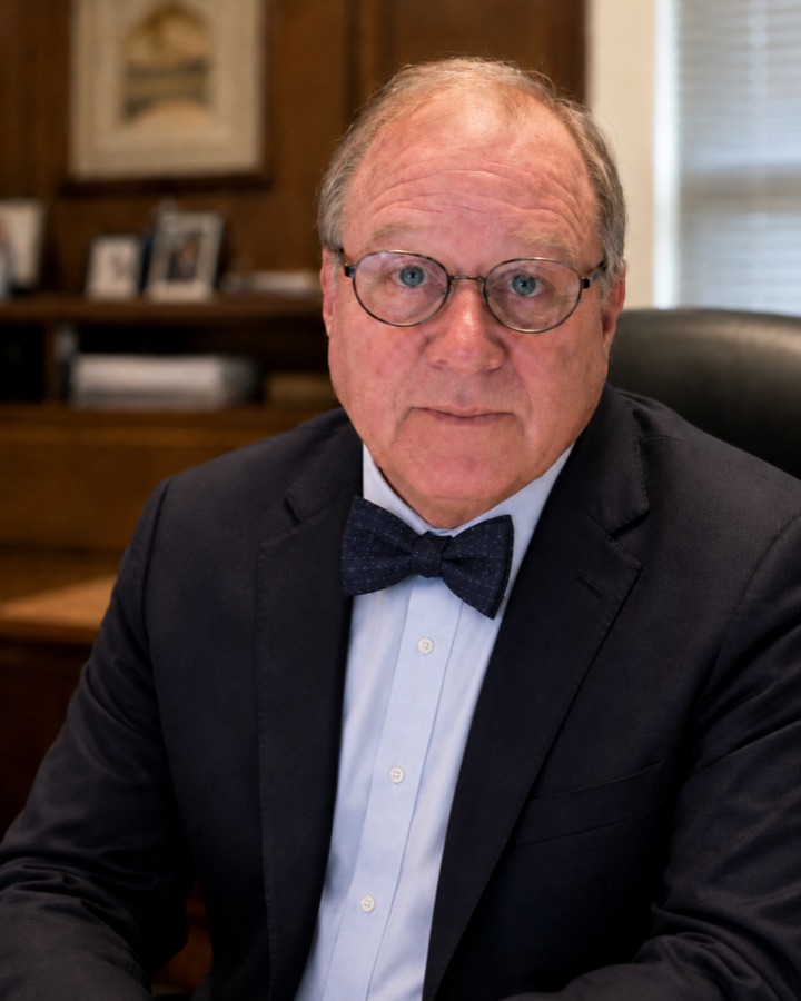 Thomas E. Scott, CPA, seated in his office wearing a navy suit and bow tie